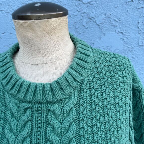 J Crew Cotton Cable Knit Crewneck Fisherman Sweater in Green Men's Medium - Picture 4 of 8